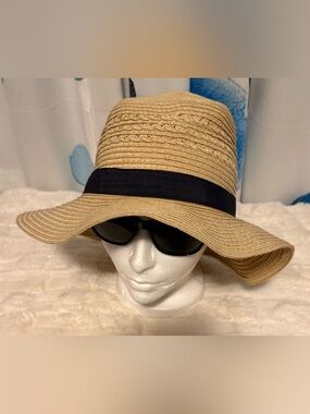 Eddie Bauer Packable Paper Straw Sun Hat S/M Beige Black Wide Brim